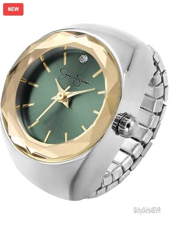 Silver Adjustable Ring Watch with Faceted Gold Bezel, Quartz Analog Mini Dial, main image 7